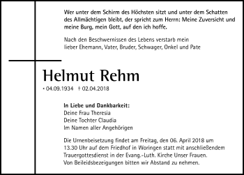 Traueranzeige von Helmut Rehm von Memminger Zeitung
