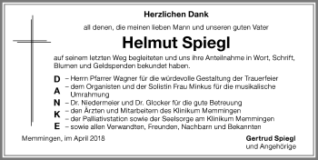 Traueranzeige von Helmut Spiegl von Memminger Zeitung