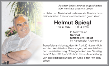 Traueranzeige von Helmut Spiegl von Memminger Zeitung