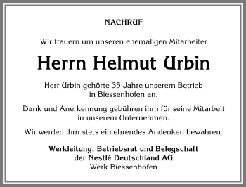 Traueranzeige von Helmut Urbin von Allgäuer Zeitung