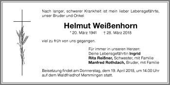 Traueranzeige von Helmut Weißenhorn von Memminger Zeitung