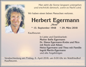 Traueranzeige von Herbert Egermann von Allgäuer Zeitung, Kaufbeuren/Buchloe