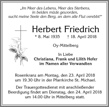 Traueranzeige von Herbert Friedrich von Allgäuer Zeitung,Kempten