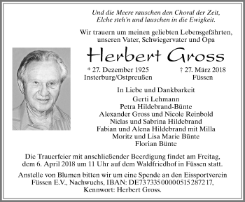 Traueranzeige von Herbert Gross von Allgäuer Zeitung, Füssen