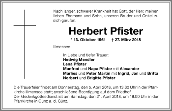Traueranzeige von Herbert Pfister von Memminger Zeitung