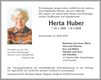 Traueranzeige von Herta Huber von Allgäuer Anzeigeblatt