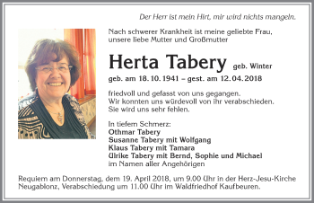 Traueranzeige von Herta Tabery von Allgäuer Zeitung, Kaufbeuren/Buchloe