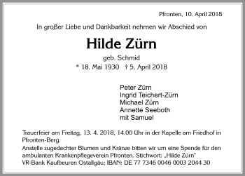 Traueranzeige von Hilde Zürn von Allgäuer Zeitung, Füssen