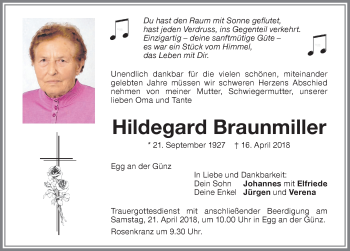 Traueranzeige von Hildegard Braunmiller von Allgäuer Zeitung