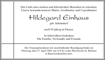 Traueranzeige von Hildegard Einhaus von Allgäuer Zeitung, Füssen