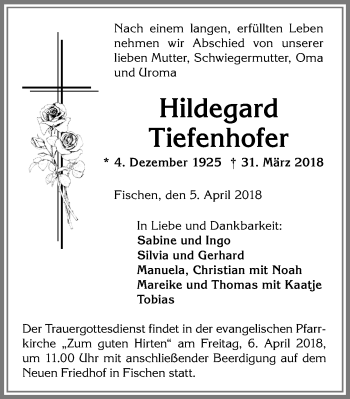 Traueranzeige von Hildegard Tiefenhofer von Allgäuer Anzeigeblatt