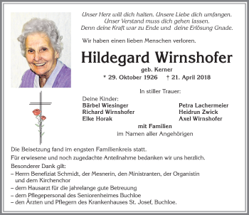 Traueranzeige von Hildegard Wirnshofer von Allgäuer Zeitung, Kaufbeuren/Buchloe