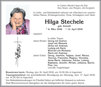 Traueranzeige von Hilga Stechele von Allgäuer Zeitung, Kaufbeuren/Buchloe