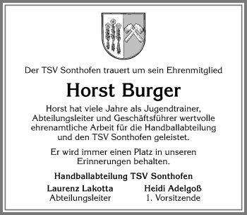 Traueranzeige von Horst Burger von Allgäuer Anzeigeblatt