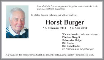 Traueranzeige von Horst Burger von Allgäuer Anzeigeblatt