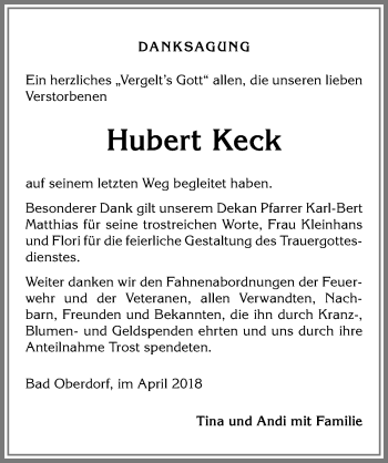 Traueranzeige von Hubert Keck von Allgäuer Anzeigeblatt