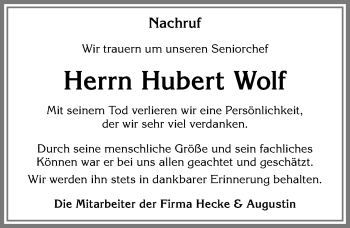 Traueranzeige von Hubert Wolf von Allgäuer Zeitung, Kaufbeuren/Buchloe