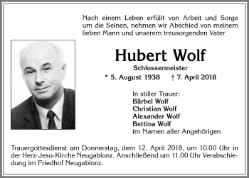 Traueranzeige von Hubert Wolf von Allgäuer Zeitung, Kaufbeuren/Buchloe