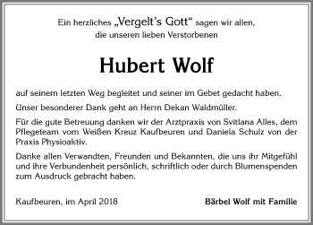 Traueranzeige von Hubert Wolf von Allgäuer Zeitung, Kaufbeuren/Buchloe