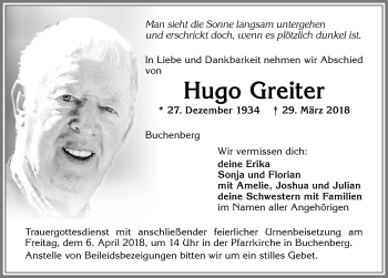 Traueranzeige von Hugo Greiter von Allgäuer Zeitung,Kempten