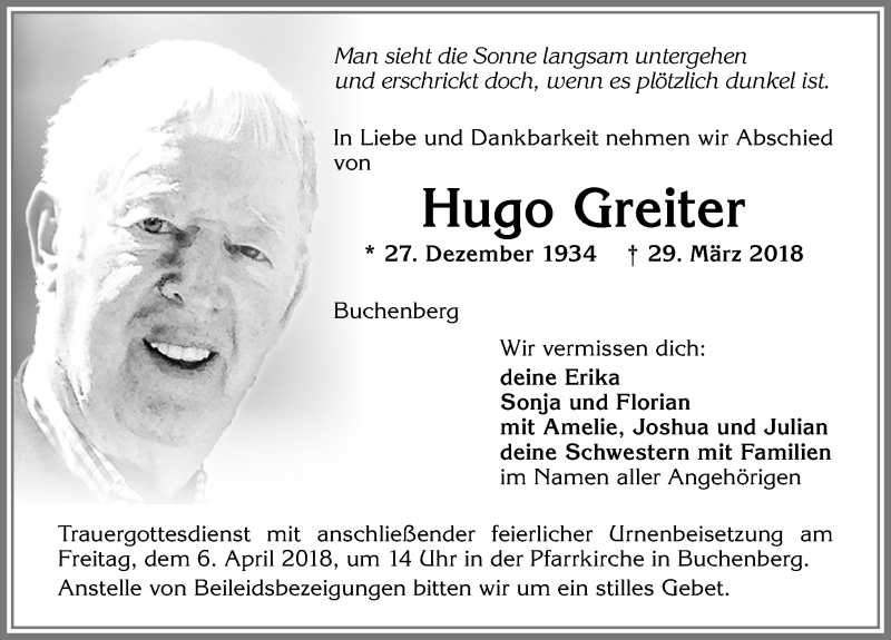  Traueranzeige für Hugo Greiter vom 04.04.2018 aus Allgäuer Zeitung,Kempten