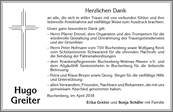 Traueranzeige von Hugo Greiter von Allgäuer Zeitung,Kempten
