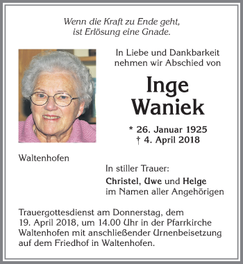 Traueranzeige von Inge Waniek von Allgäuer Zeitung,Kempten