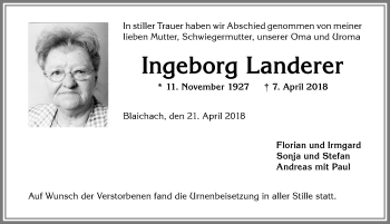 Traueranzeige von Ingeborg Landerer von Allgäuer Anzeigeblatt