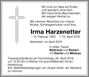 Traueranzeige von Irma Harzenetter von Memminger Zeitung