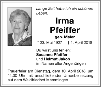 Traueranzeige von Irma Pfeiffer von Memminger Zeitung