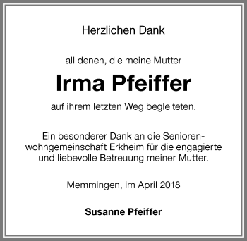 Traueranzeige von Irma Pfeiffer von Memminger Zeitung