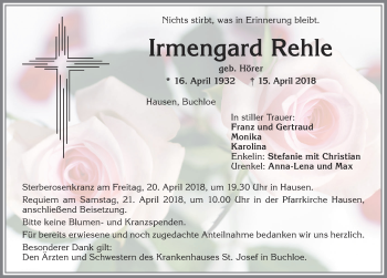 Traueranzeige von Irmengard Rehle von Allgäuer Zeitung, Kaufbeuren/Buchloe