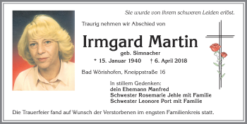 Traueranzeige von Irmgard Martin von Allgäuer Zeitung, Kaufbeuren/Buchloe