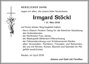 Traueranzeige von Irmgard Stöckl von Allgäuer Anzeigeblatt