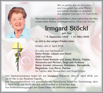 Traueranzeige von Irmgard Stöckl von Allgäuer Anzeigeblatt