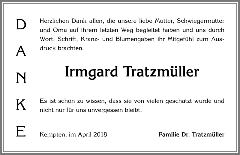  Traueranzeige für Irmgard Tratzmüller vom 07.04.2018 aus Allgäuer Zeitung,Kempten