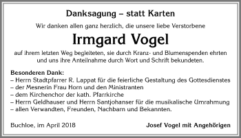 Traueranzeige von Irmgard Vogel von Allgäuer Zeitung, Kaufbeuren/Buchloe