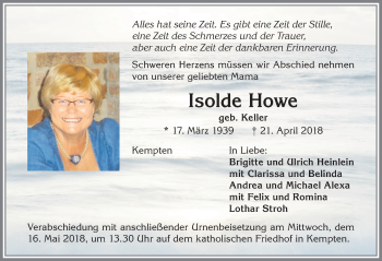 Traueranzeige von Isolde Howe von Allgäuer Zeitung,Kempten