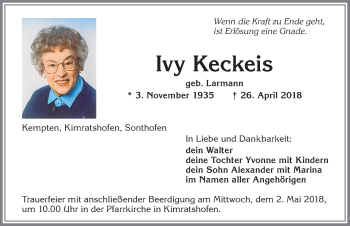 Traueranzeige von Ivy Keckeis von Allgäuer Zeitung,Kempten