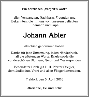 Traueranzeige von Johann Abler von Allgäuer Anzeigeblatt