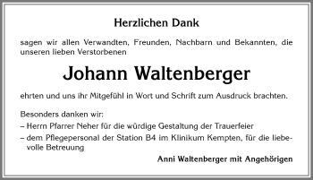 Traueranzeige von Johann Waltenberger von Allgäuer Zeitung,Kempten
