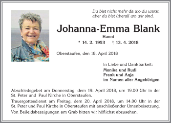 Traueranzeige von Johanna-Emma Blank von Allgäuer Anzeigeblatt