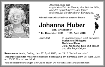 Traueranzeige von Johanna Huber von Allgäuer Zeitung