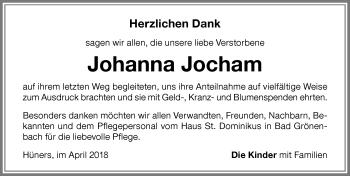 Traueranzeige von Johanna Jocham von Memminger Zeitung