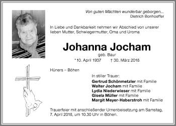 Traueranzeige von Johanna Jocham von Memminger Zeitung