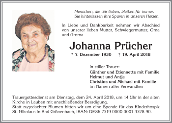 Traueranzeige von Johanna Prücher von Allgäuer Zeitung,Kempten