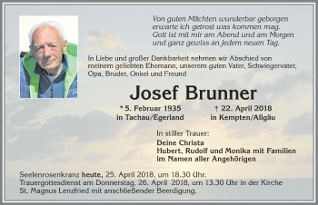 Traueranzeige von Josef Brunner von Allgäuer Zeitung,Kempten