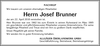 Traueranzeige von Josef Brunner von Allgäuer Zeitung,Kempten