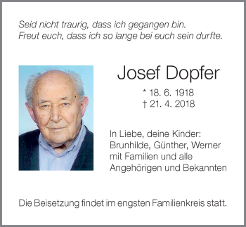 Traueranzeige von Josef Dopfer von Allgäuer Zeitung,Kempten