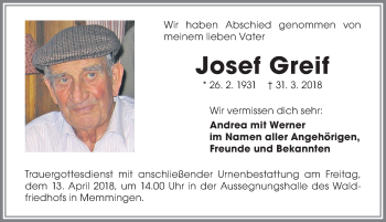 Traueranzeige von Josef Greif von Memminger Zeitung